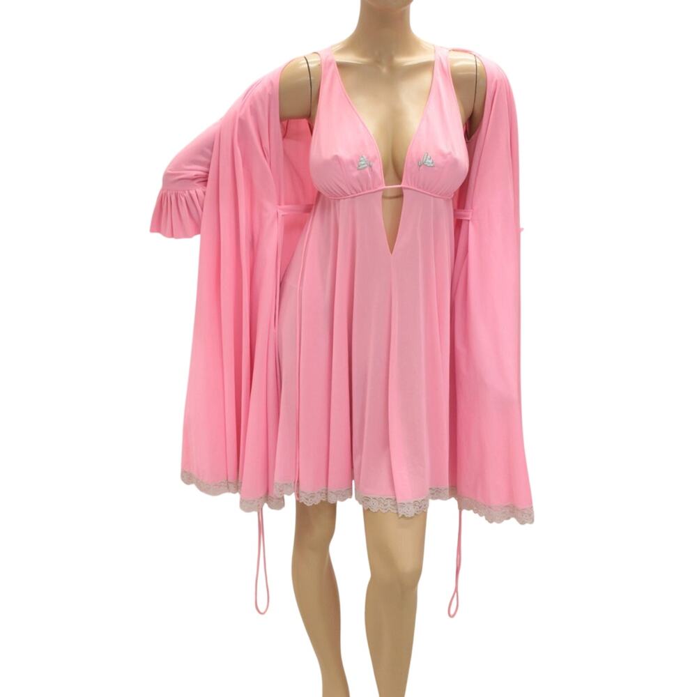 Vintage Lucie Ann Nightgown Peignoir Robe Set size 32 Pink Nylon Babydoll 1960s